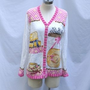 Ladies Quacker Factory sweater, white w/pink, yellow flowers, flower buttons, M